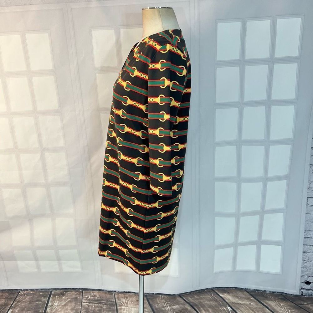 Sailor-Sailor black 3/4 sleeve red green striped chain print shift dress size sm - Picture 6 of 9